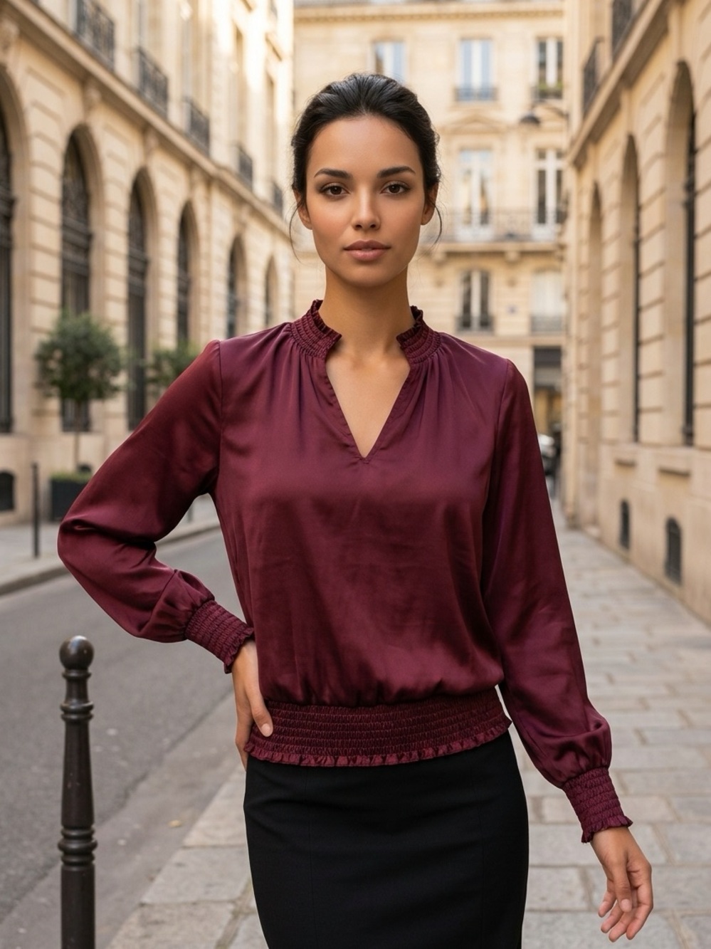 Vince Camuto Burgundy Satin V-Neck Smocked Blouse